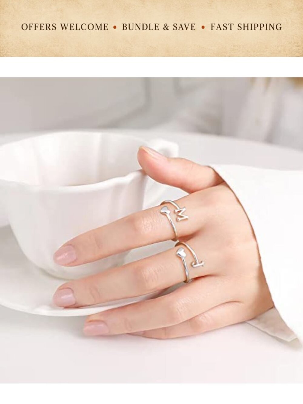 Gold Plated Heart Initial Rings Adjustable Stackable Rings - Picture 3 of 6